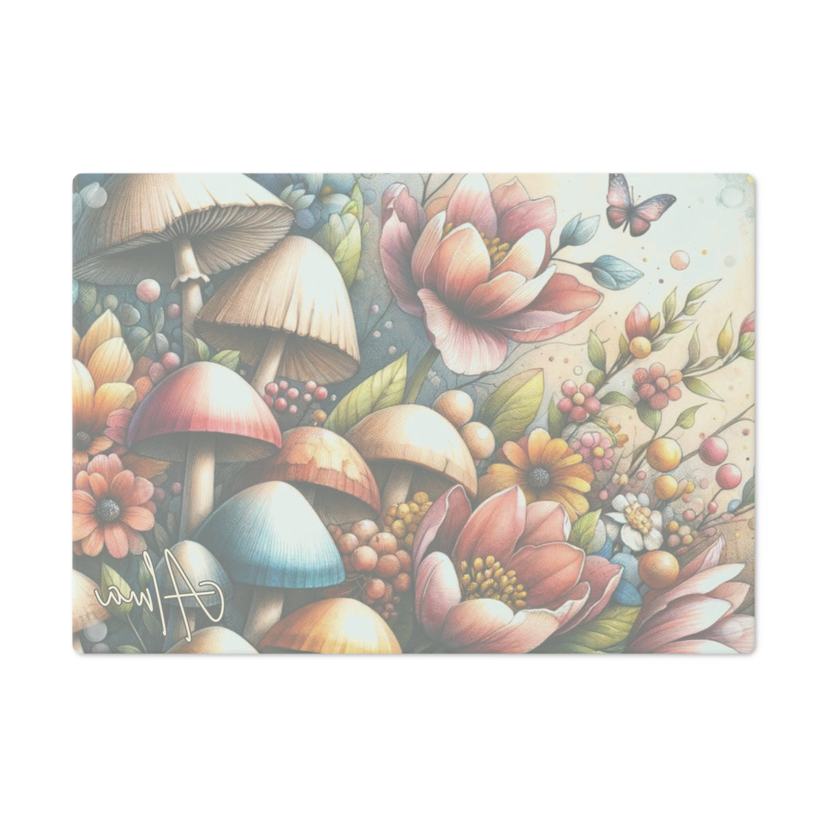Tempered Glass Cutting Board for Mushroom Lovers, Floral Butterfly Design for Chic Kitchen & Home