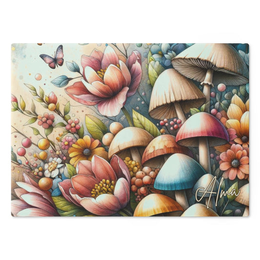 Tempered Glass Cutting Board for Mushroom Lovers, Floral Butterfly Design for Chic Kitchen & Home