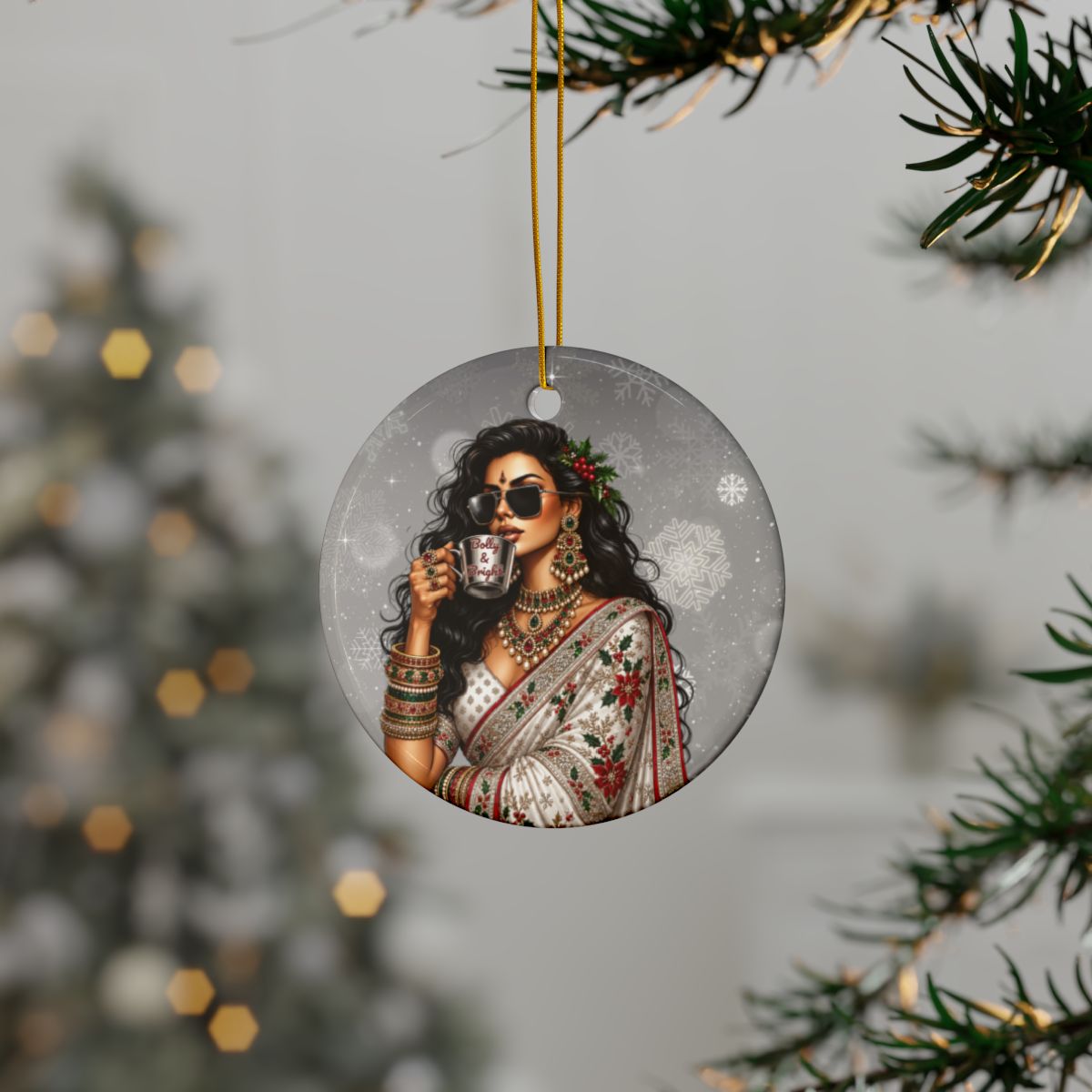 Bolly & Bright Christmas Desi Ceramic Christmas Ornament, South Asian Holiday decor
