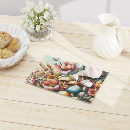 Tempered Glass Cutting Board for Mushroom Lovers, Floral Butterfly Design for Chic Kitchen & Home