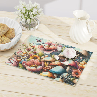 Tempered Glass Cutting Board for Mushroom Lovers, Floral Butterfly Design for Chic Kitchen & Home