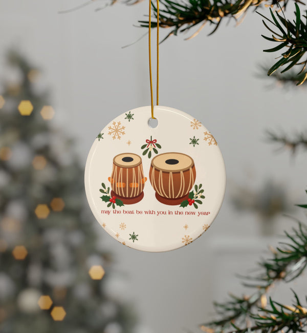 Ceramic Dual-Sided Text, South Indian Tabla Ornament, Desi Holiday Decor and Christmas Gifts