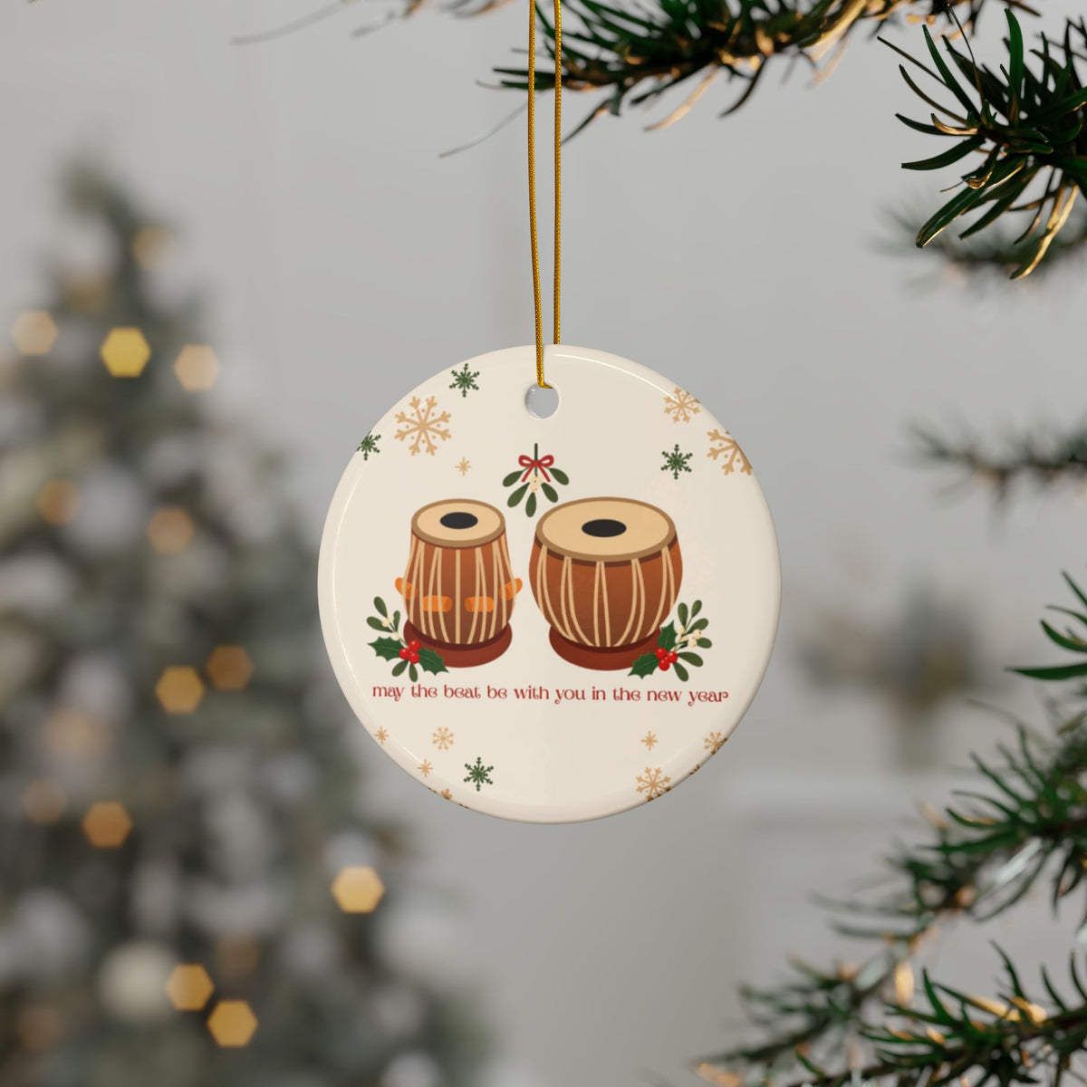 Ceramic Dual-Sided Text, South Indian Tabla Ornament, Desi Holiday Decor and Christmas Gifts