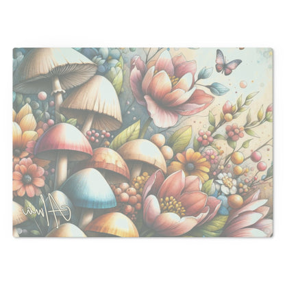 Tempered Glass Cutting Board for Mushroom Lovers, Floral Butterfly Design for Chic Kitchen & Home