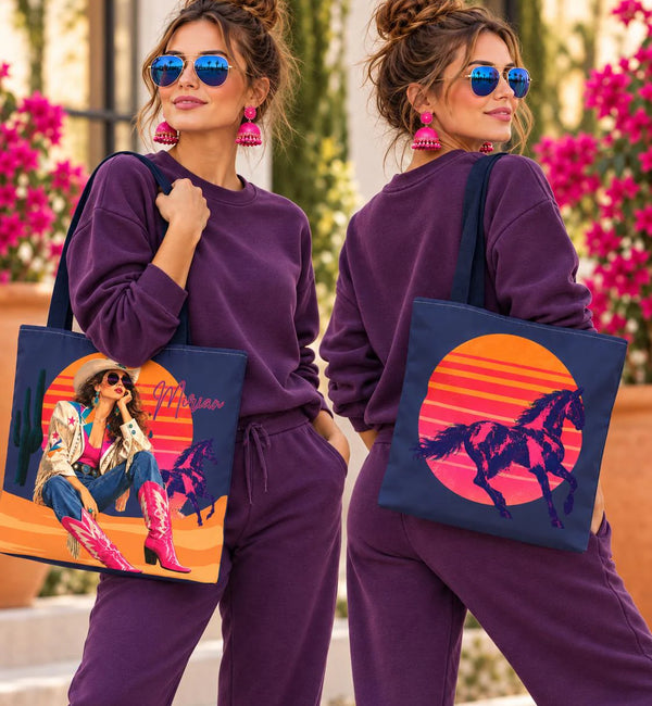 Retro 80s Neon Cowgirl Tote Bag, Horse Western Lovers Gifts, Nashville Bachelorette Party