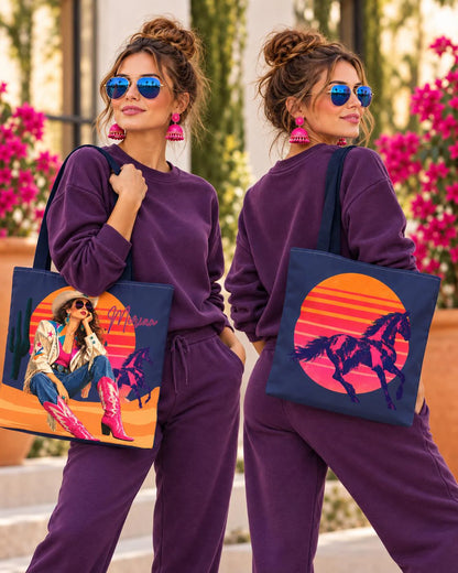 Retro 80s Neon Cowgirl Tote Bag, Horse Western Lovers Gifts, Nashville Bachelorette Party